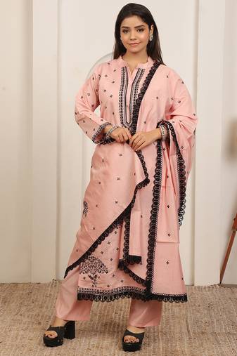 Peach embroidery work cotton blend kurta trousers with dupatta.