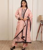 Peach embroidery work cotton blend kurta trousers with dupatta.