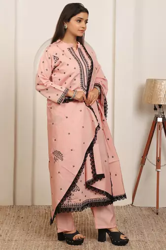 Peach embroidery work cotton blend kurta trousers with dupatta.