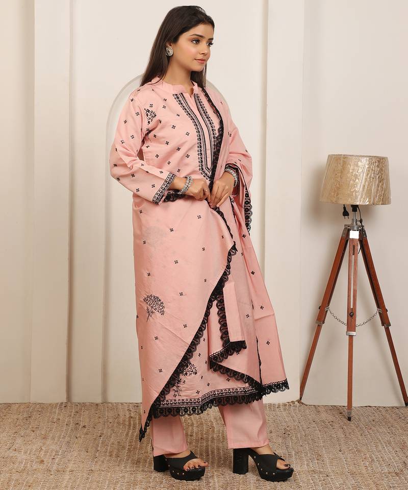 Peach embroidery work cotton blend kurta trousers with dupatta.
