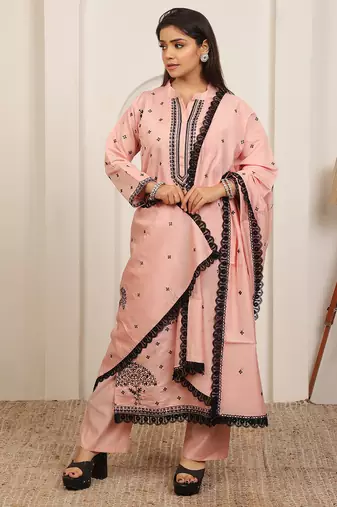 Peach embroidery work cotton blend kurta trousers with dupatta.