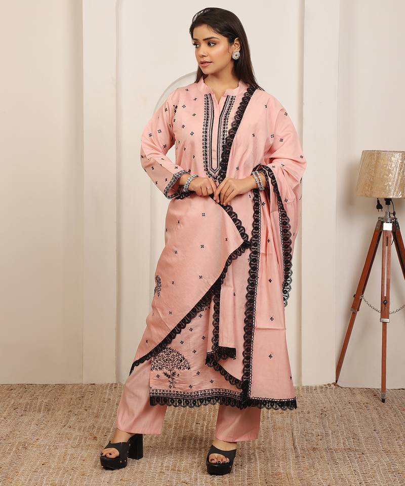 Peach embroidery work cotton blend kurta trousers with dupatta.