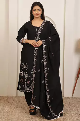 Black embroidery work cotton blend kurta trousers with dupatta.