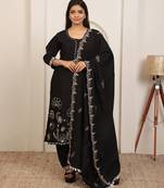 Black embroidery work cotton blend kurta trousers with dupatta.