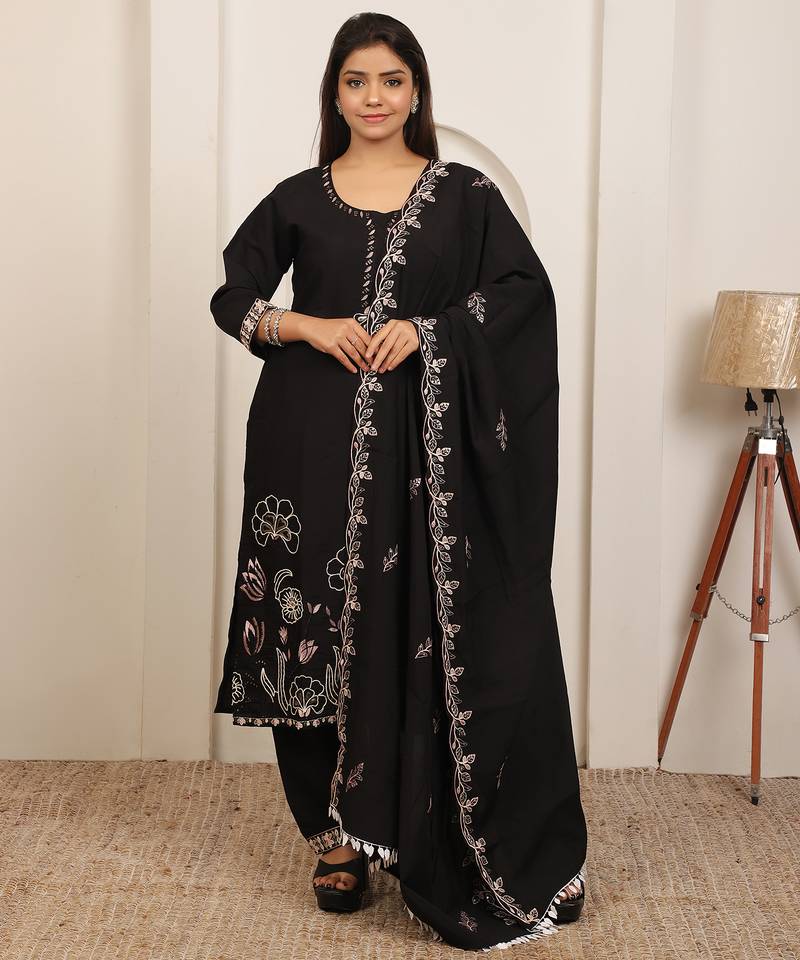 Black embroidery work cotton blend kurta trousers with dupatta.