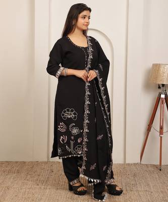 Black embroidery work cotton blend kurta trousers with dupatta. 2