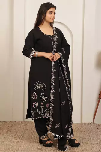 Black embroidery work cotton blend kurta trousers with dupatta.