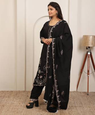 Black embroidery work cotton blend kurta trousers with dupatta. 3