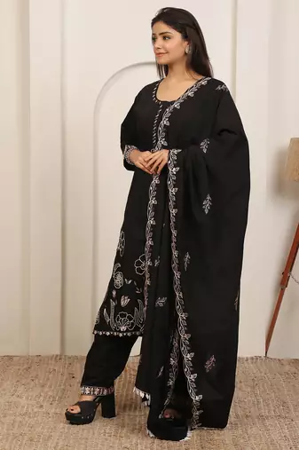 Black embroidery work cotton blend kurta trousers with dupatta.