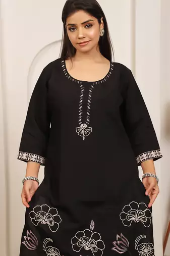 Black embroidery work cotton blend kurta trousers with dupatta.
