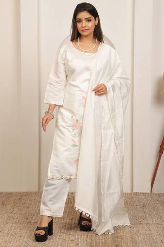 White embroidery work cotton blend kurta trousers with dupatta.