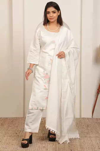 White embroidery work cotton blend kurta trousers with dupatta.