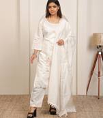 White embroidery work cotton blend kurta trousers with dupatta.