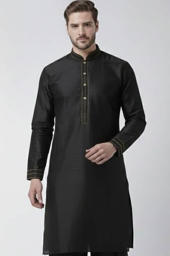 Black embroidered dupion silk kurta