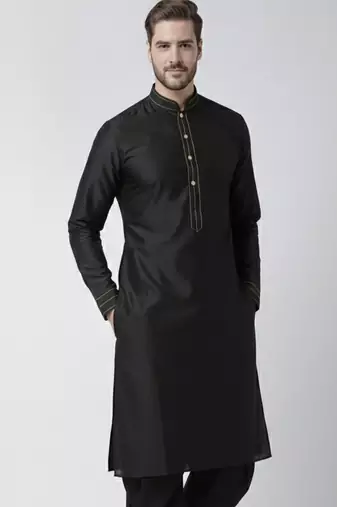 Black embroidered dupion silk kurta