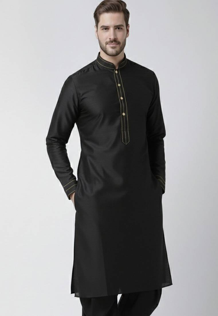 Black embroidered dupion silk kurta