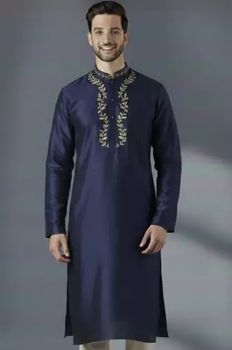 Navy embroidered dupion silk kurta