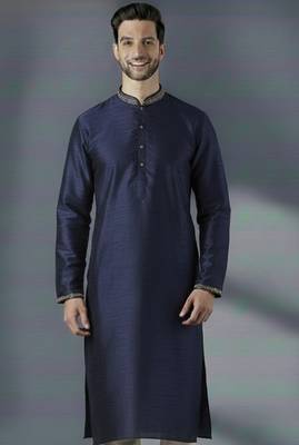 Navy embroidered dupion silk kurta 1