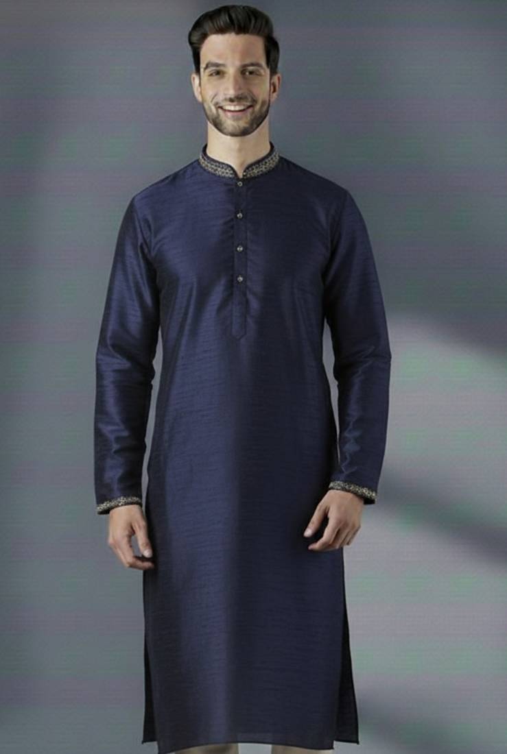 Navy embroidered dupion silk kurta