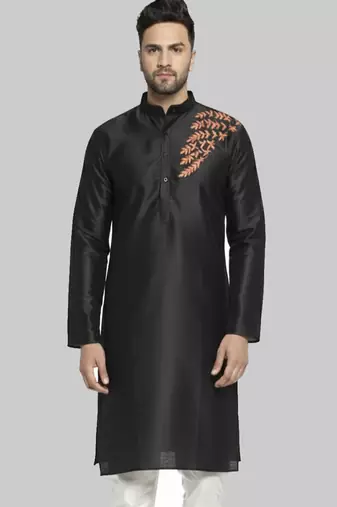 Black embroidered dupion silk kurta