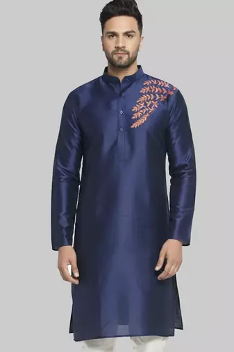 Navy embroidered dupion silk kurta