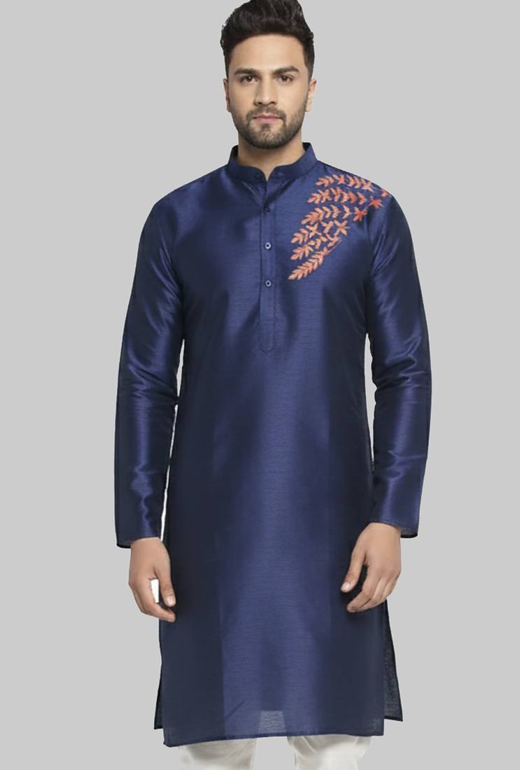 Navy embroidered dupion silk kurta