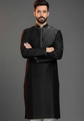 Black embroidered dupion silk kurta 1