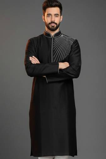 Black embroidered dupion silk kurta