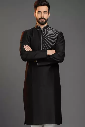 Black embroidered dupion silk kurta
