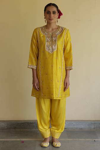Yellow embroidered silk kurta set