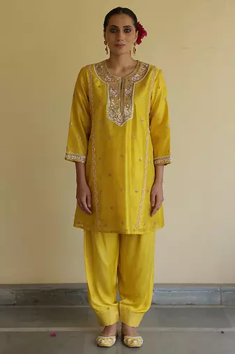 Yellow embroidered silk kurta set