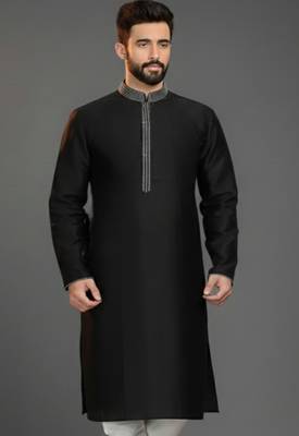 Black embroidered dupion silk kurta 1
