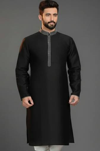 Black embroidered dupion silk kurta