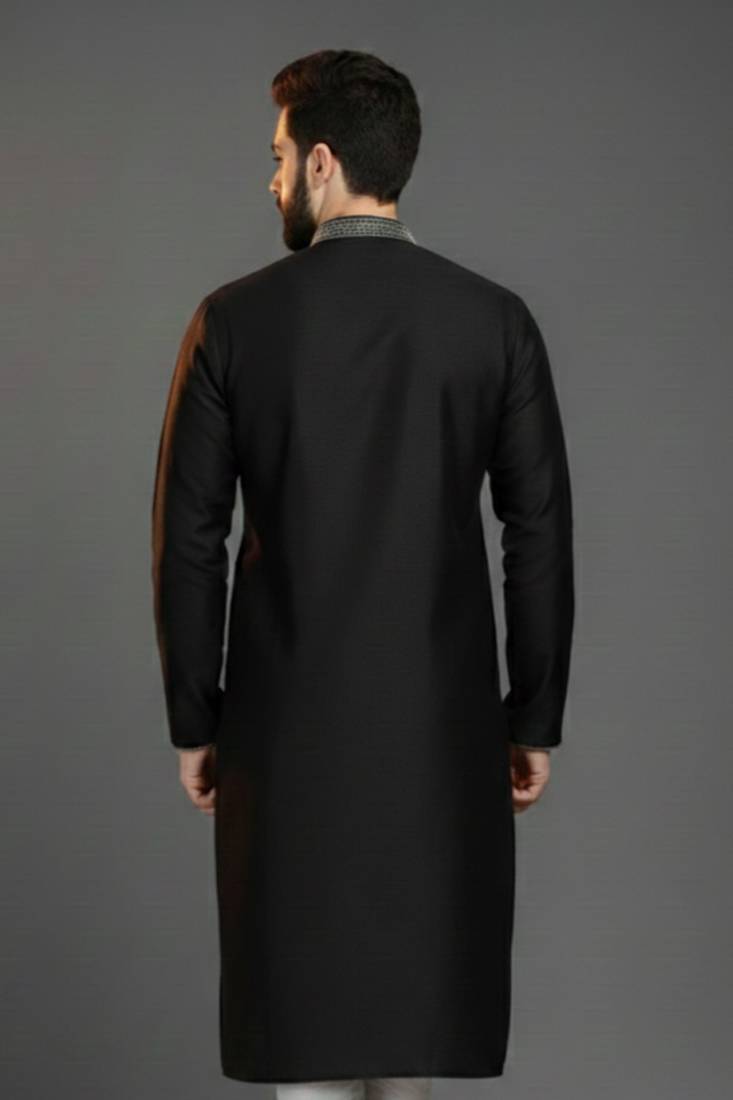 Black embroidered dupion silk kurta