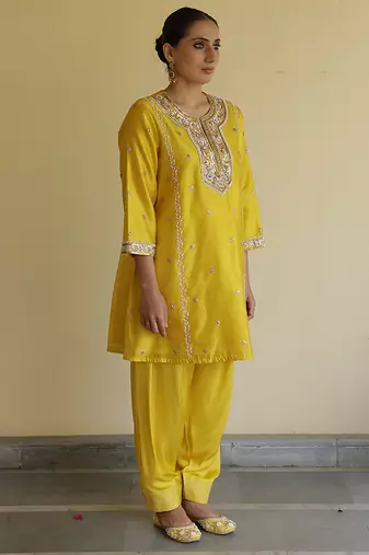 Yellow embroidered silk kurta set