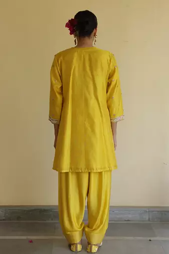 Yellow embroidered silk kurta set