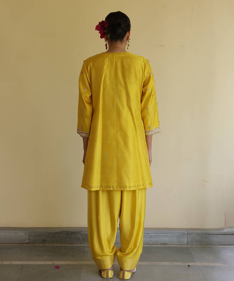 Yellow embroidered silk kurta set