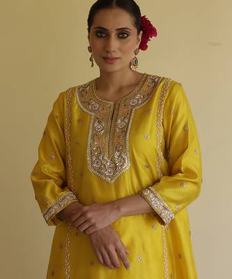 Yellow embroidered silk kurta set 5