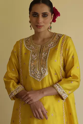 Yellow embroidered silk kurta set