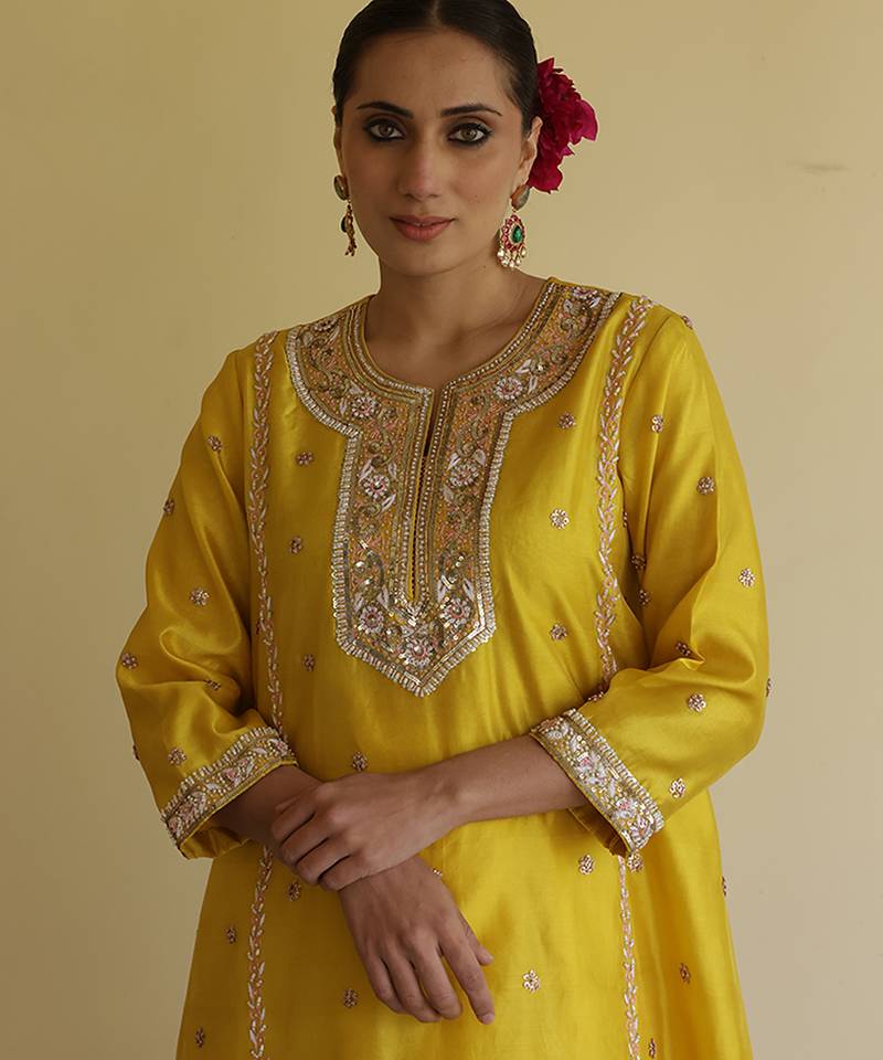 Yellow embroidered silk kurta set
