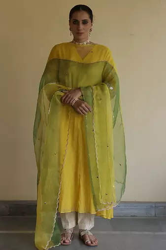 Yellow embroidered tissue kurta set