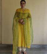 Yellow embroidered tissue kurta set
