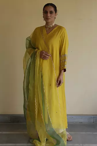 Yellow embroidered tissue kurta set