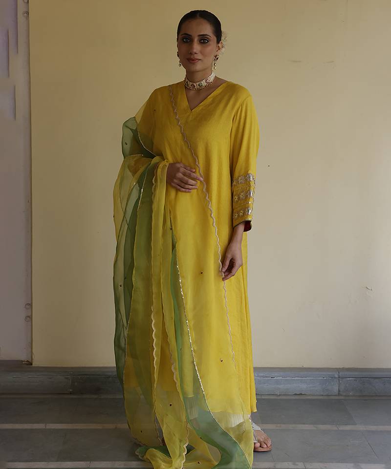 Yellow embroidered tissue kurta set