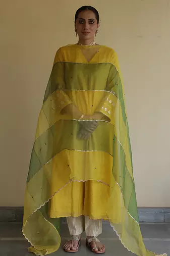 Yellow embroidered tissue kurta set