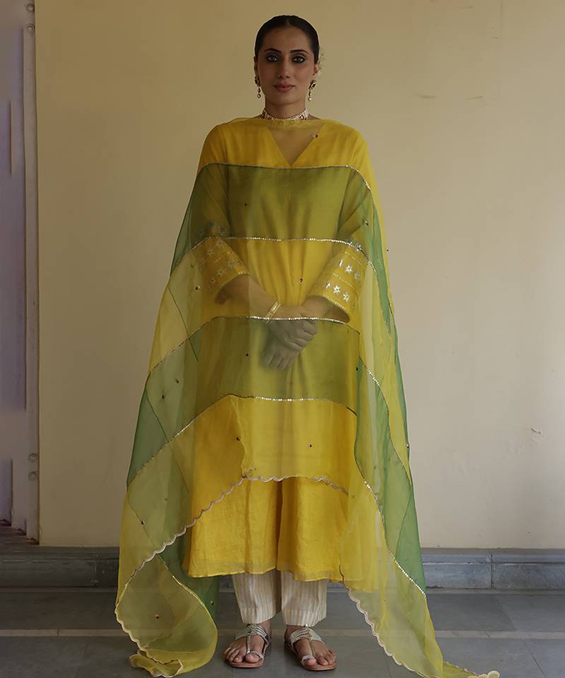 Yellow embroidered tissue kurta set