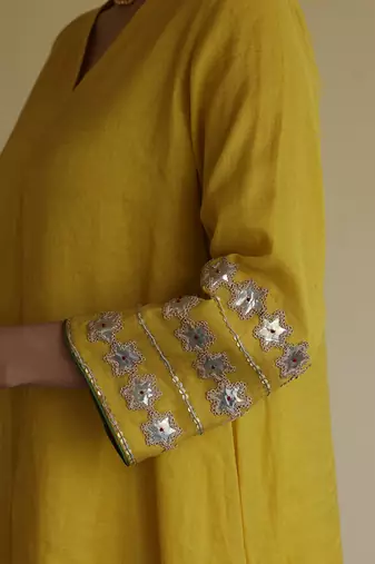 Yellow embroidered tissue kurta set