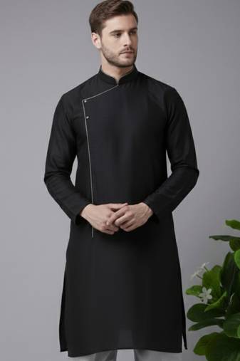 Black embroidered dupion silk kurta