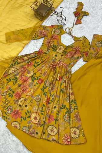 Mustard floral anarkali with palazzo set