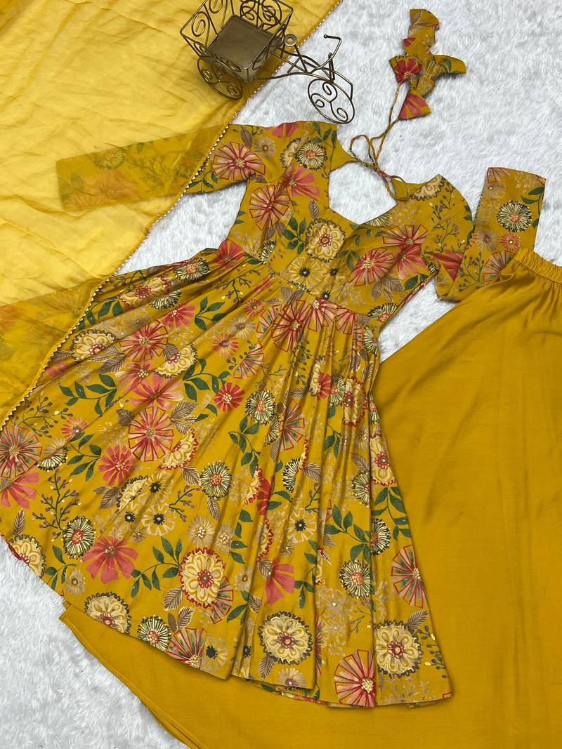 Mustard floral anarkali with palazzo set